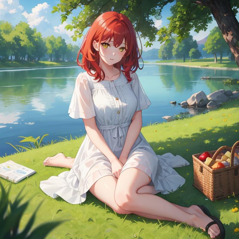 00162-2299588985-1Girl, mature, American, redhead, medium hair, yellow eyes, sitting on a picnic blanket near a lake, elegant summer dress, happy.png